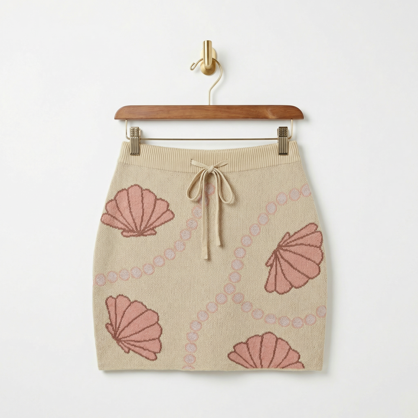 Seashell & Pearl Knit Mini Skirt | Cream Coastal Drawstring Waist Beach Club Skirt