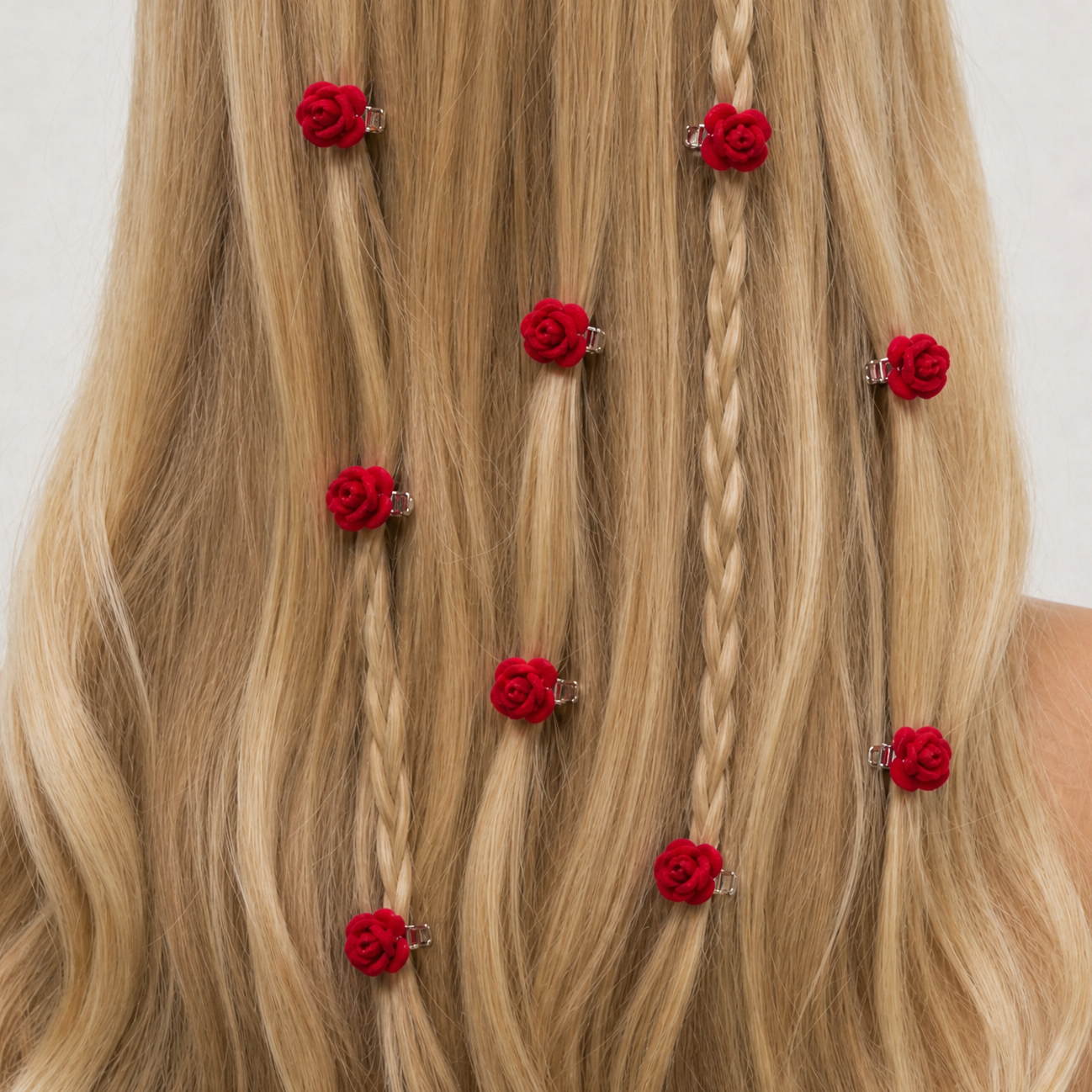 Set of 10 Ultra Tiny Red Rose Clips | Decorative Flocked Rose Hair Clips