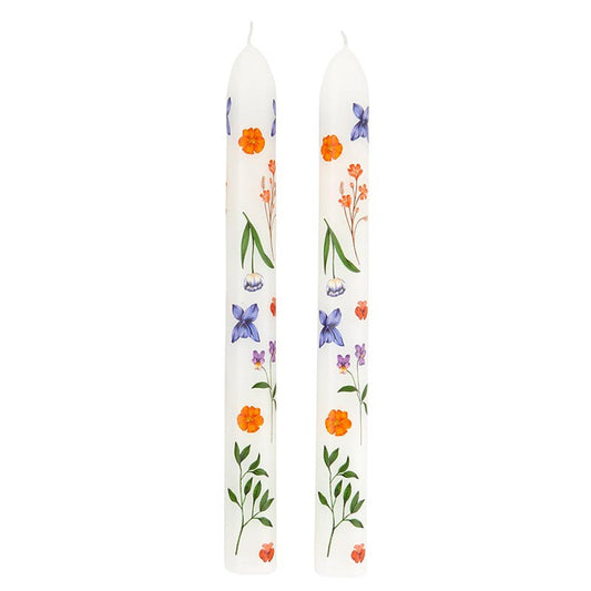 Set of 2 Boho Flowers Tapered Candle | Aesthetic Unscented Table Decor Floral Candle Sticks