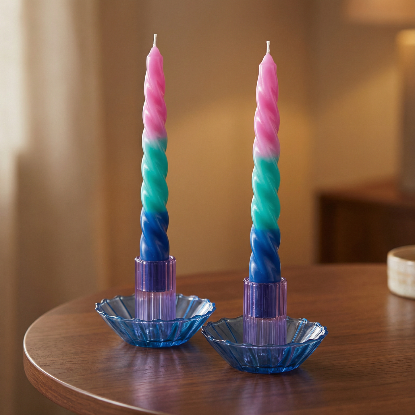 Set of 2 Pastel Taper Candle in Pink Green Blue | Aesthetic Tri-Colored Unscented Dinner Candlesticks | Gift for Her
