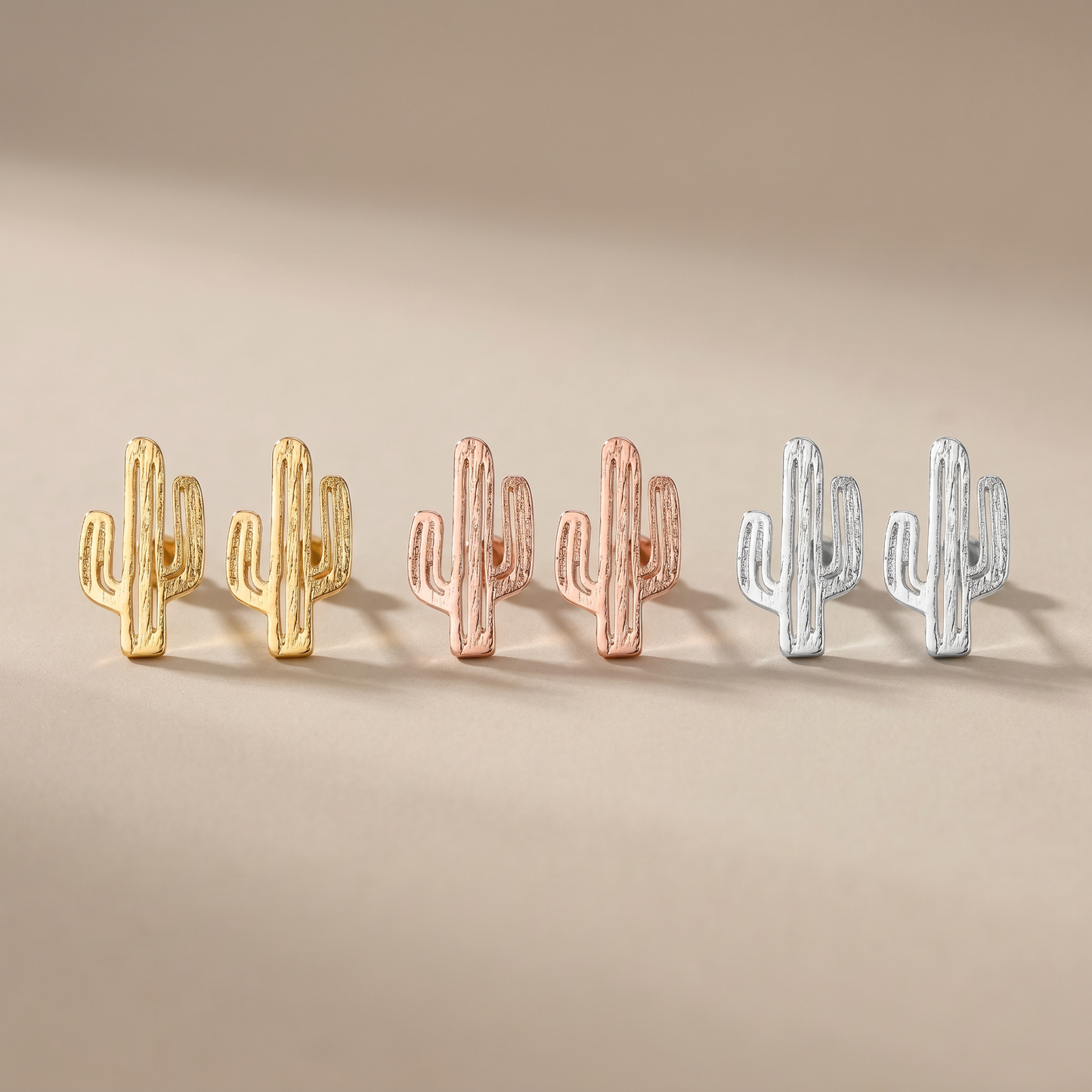 Set of 3 Pairs of Cactus Earrings in Gold, Rose Gold, and Silver-Paper & Quartz-The Bullish Store