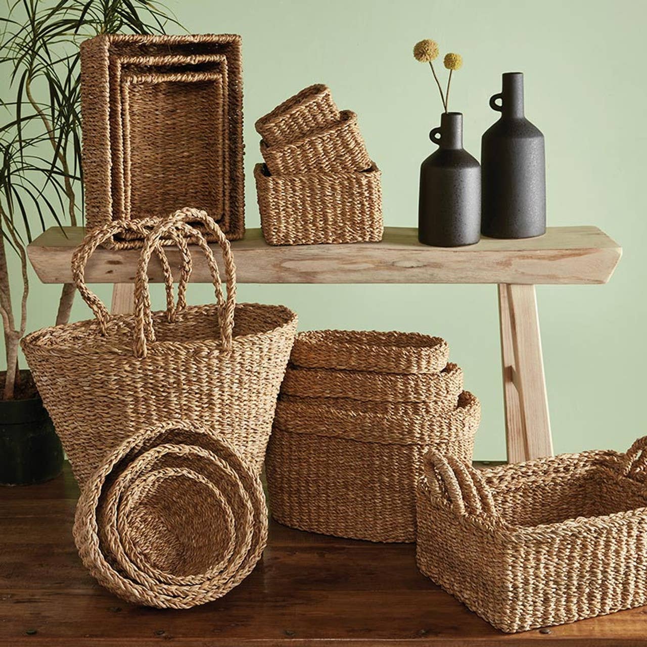 Set of 3 Seagrass Round Chakas Basket Set | Rustic Home Office Storage