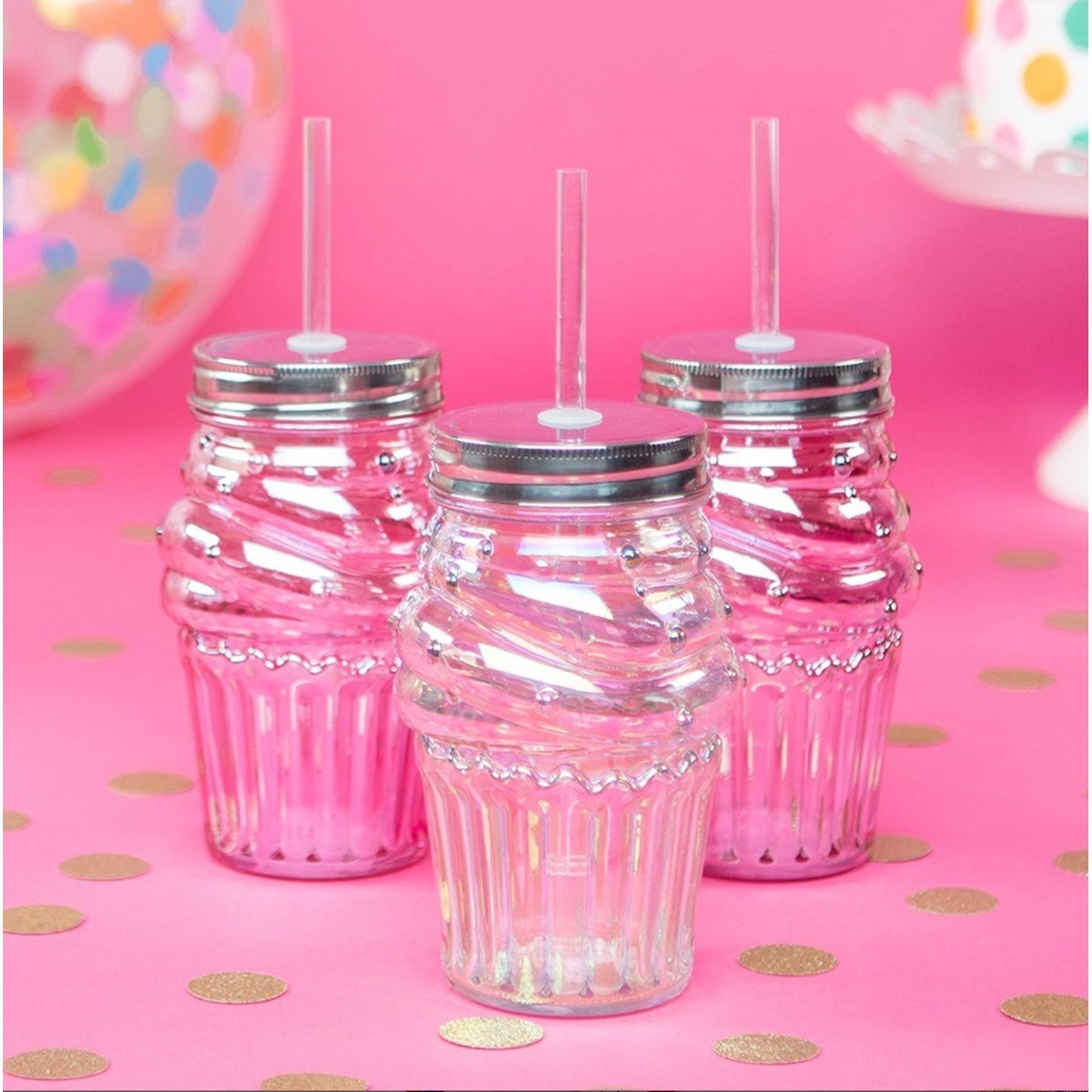 Set of 6 Glass Cupcake Sippers in Light Pink | Cute Wine or Cocktail Glass with Straw