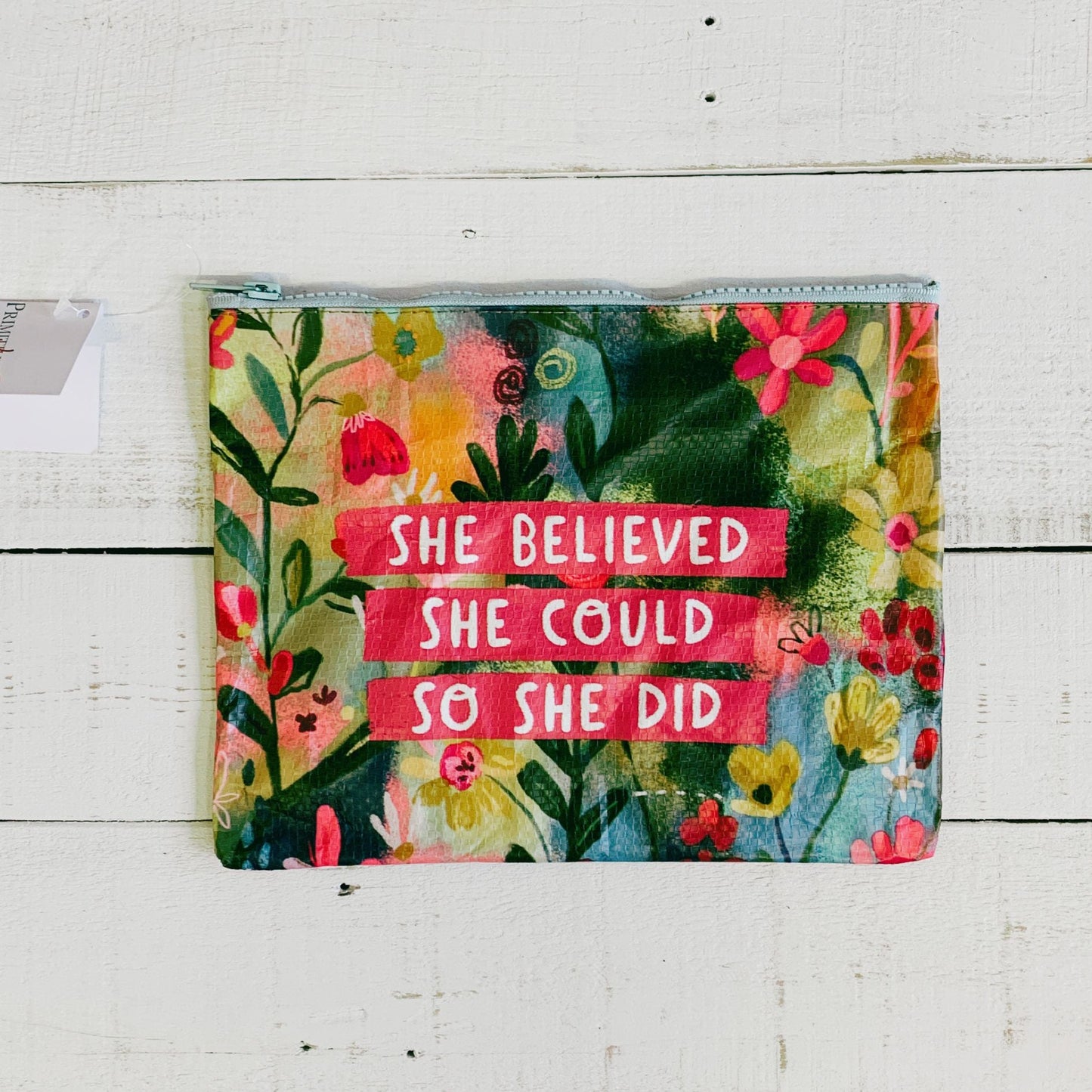She Believed She Could So She Did Zipper Pouch | Recycled Material Floral Pencil Case Wallet Organizer | 9.50" x 7"