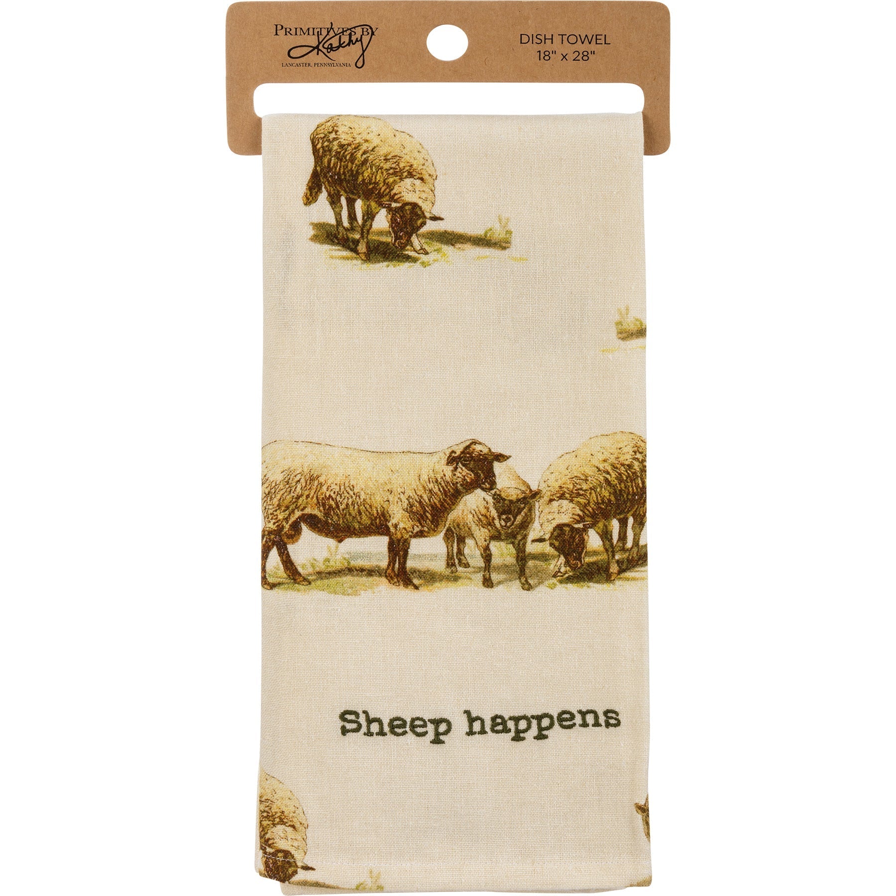 Sheep Happens Dish Cloth Towel | Cotten Linen Novelty Tea Towel | Embroidered Text | 18" x 28"