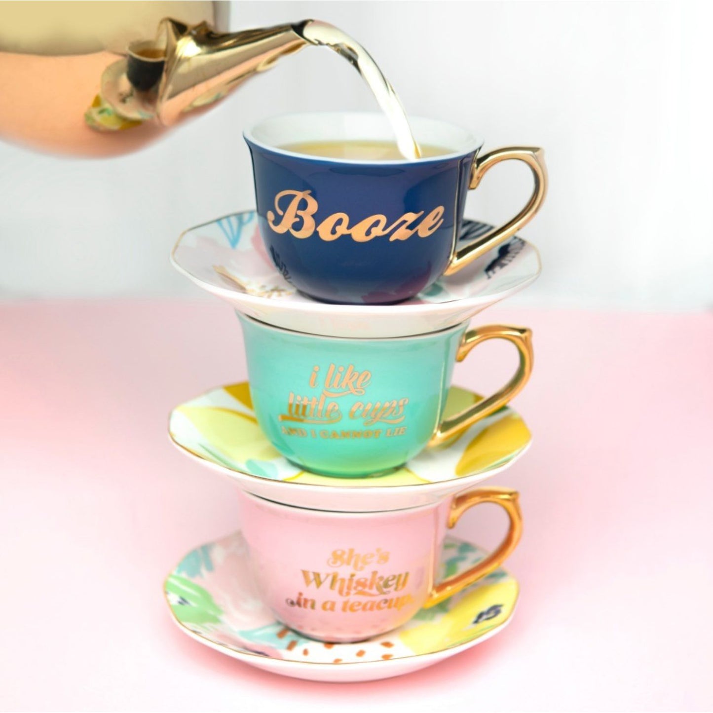 She's Whiskey in a Tea Cup and Saucer Set in Pink and Floral