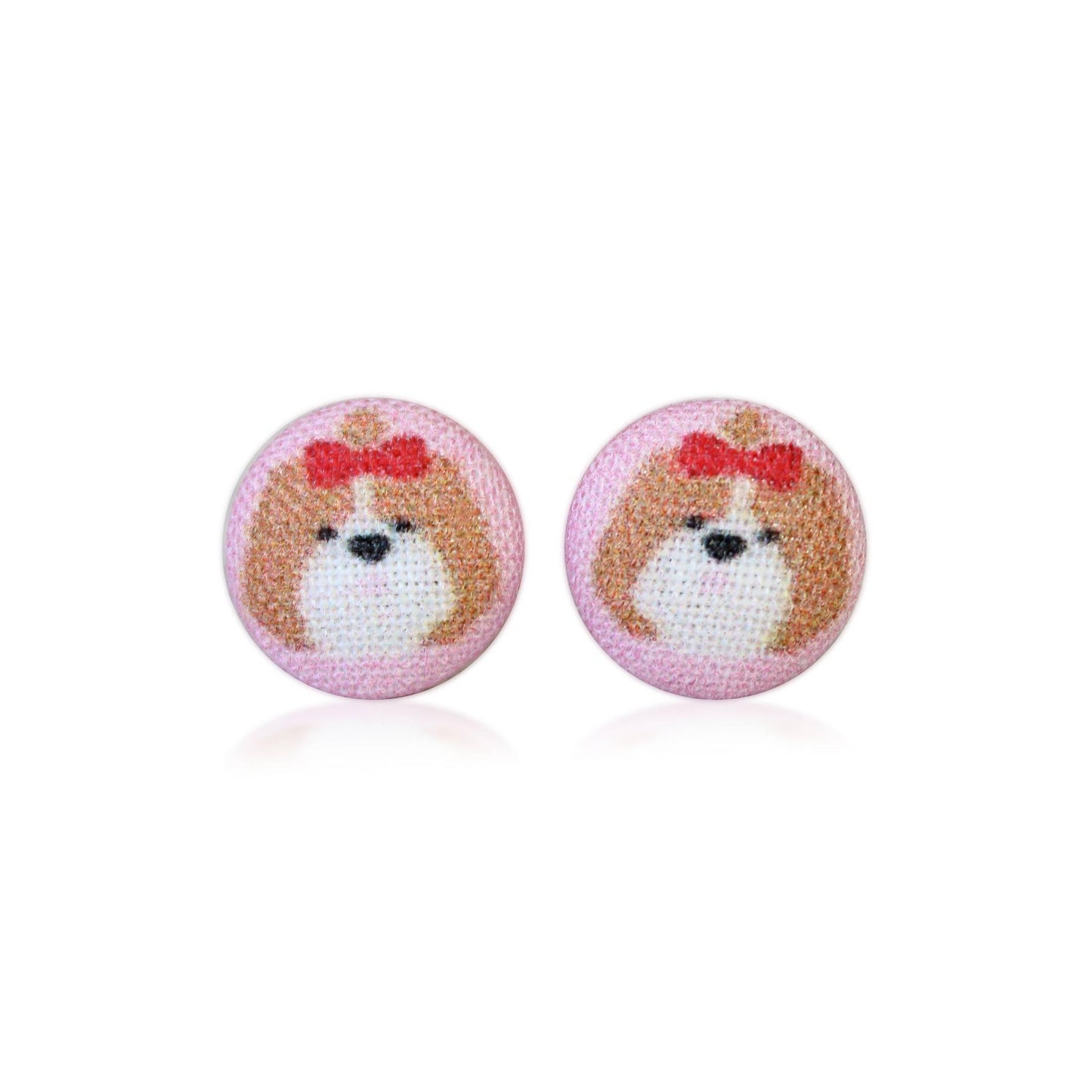 Fluffy Dog with Bow Fabric Button Earrings | Handmade in the US