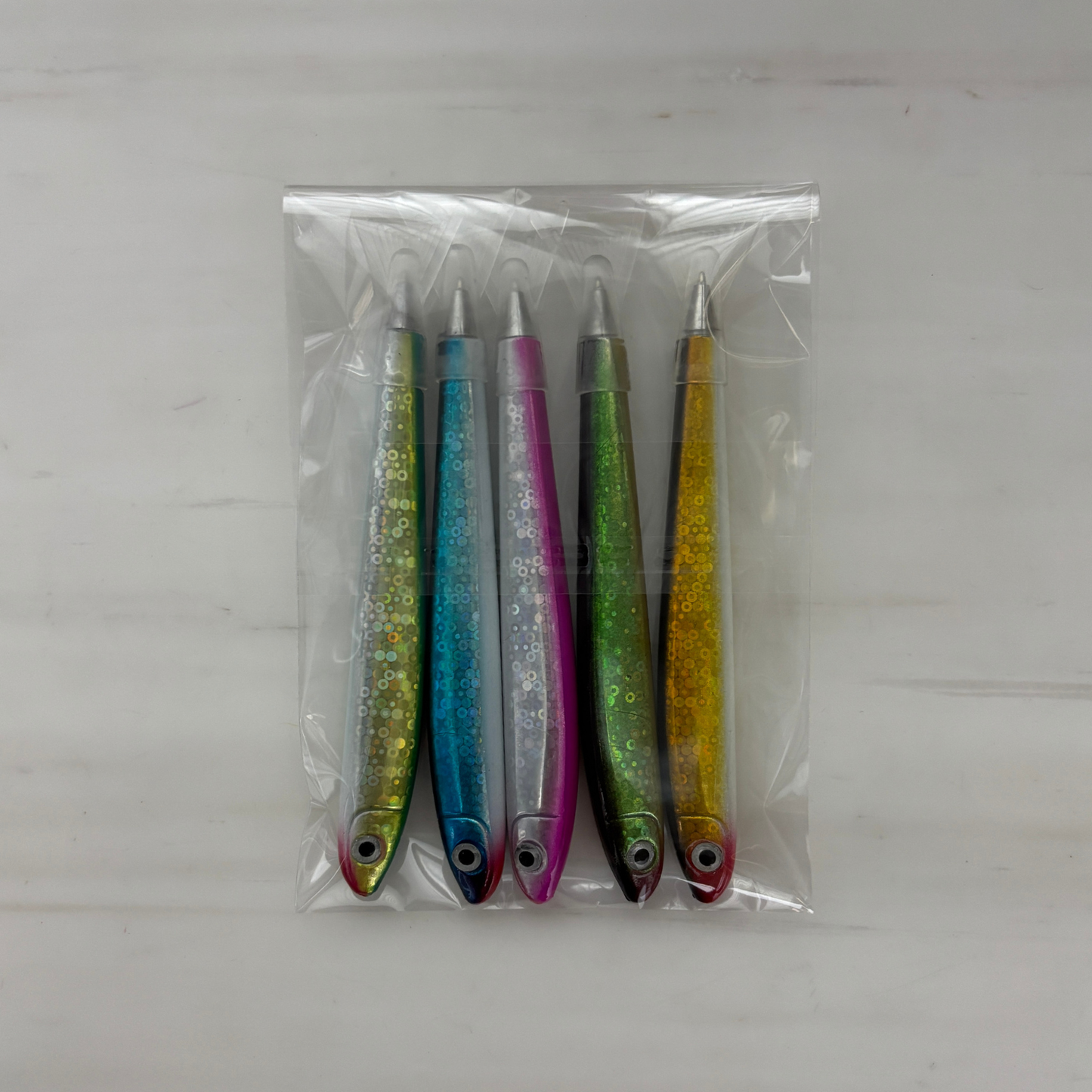 Shimmery Sardine Pens | Set of 5 | Blue Ink Ballpoint | 5"