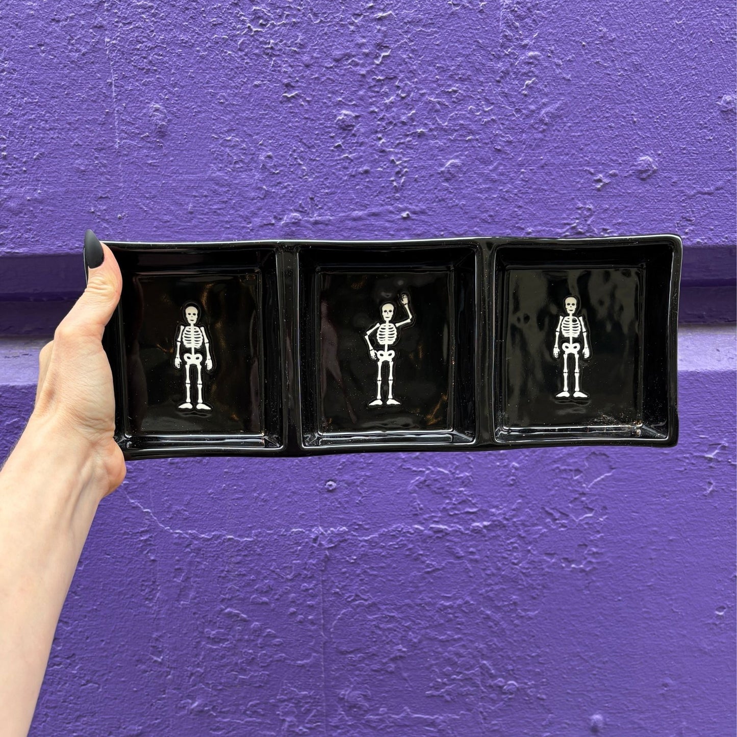 Skeletons Tidbit Tray in Glossy Black | Halloween Themed Stoneware Serving Tray | 13" x 4.75"