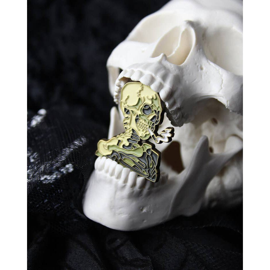 Skull of a Skeleton with Burning Cigarette Enamel Pin | Smoking Skeleton Soft Lapel Pin | 1.2" x 1"
