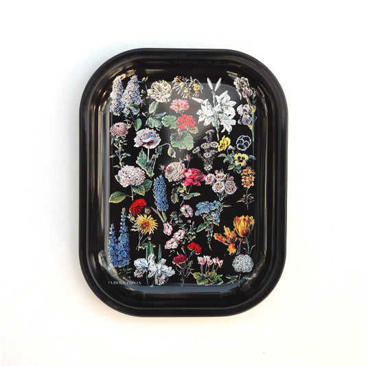 Small Metal Black Fleurs Ritual Tray | Vintage Floral Print Catch-all Rolling Tray | 5"x7"