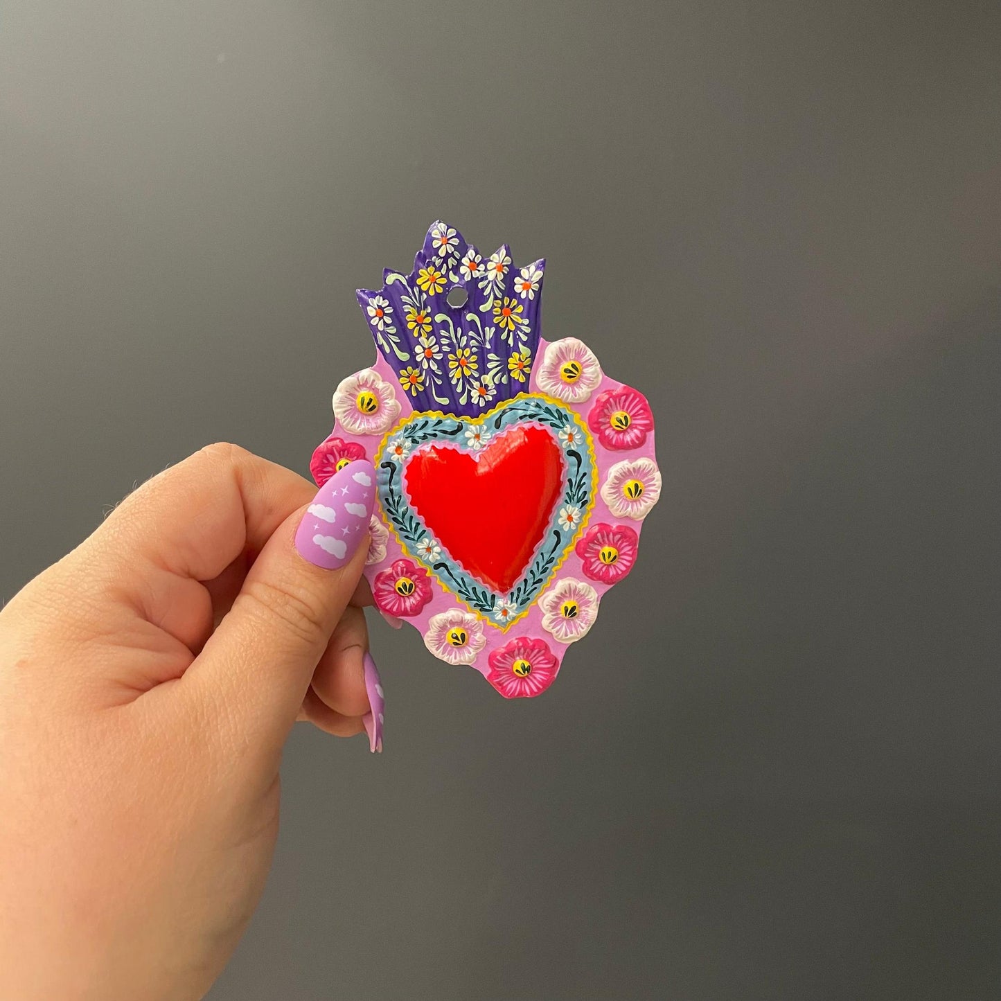 Small Red Tin Heart | Hand-Painted in Peru | Assorted Border Pattern Charm Accessory