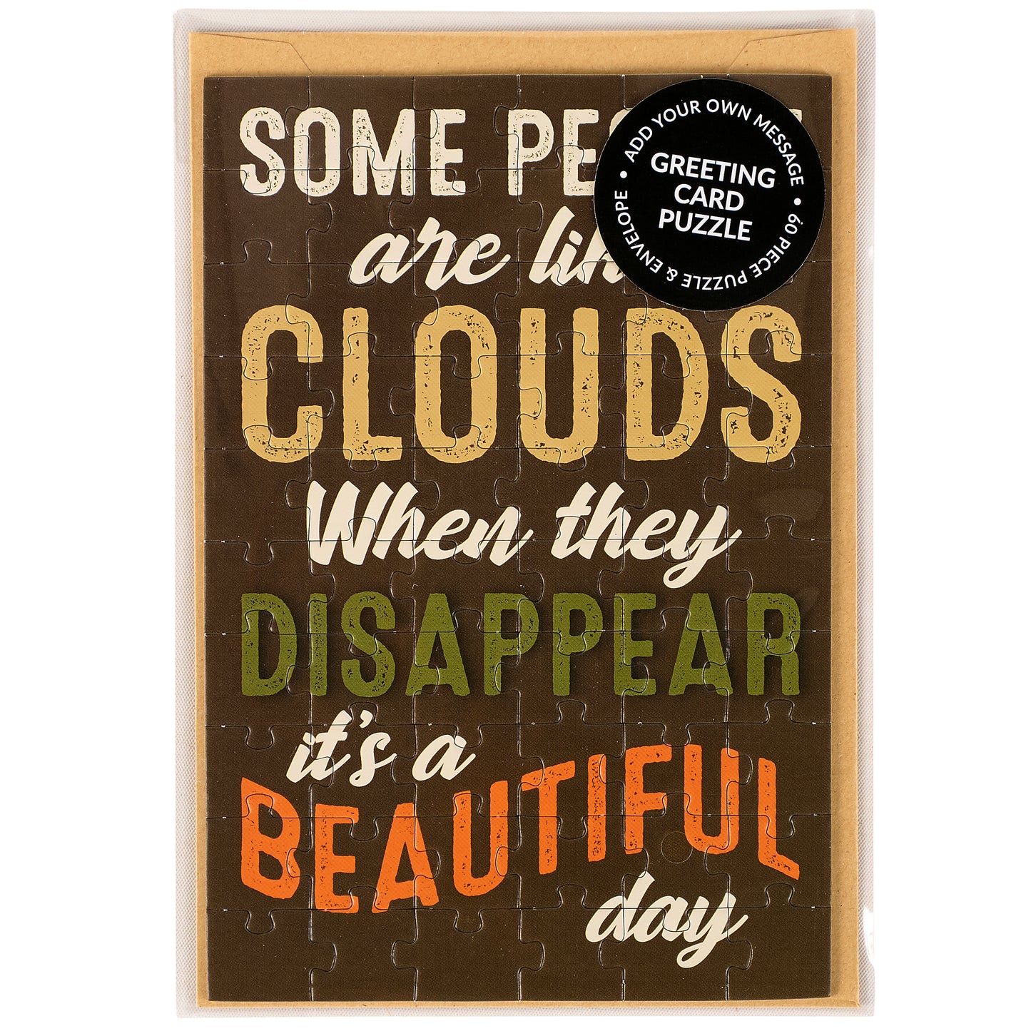 Greeting card puzzle with sarcastic quote on a brown background