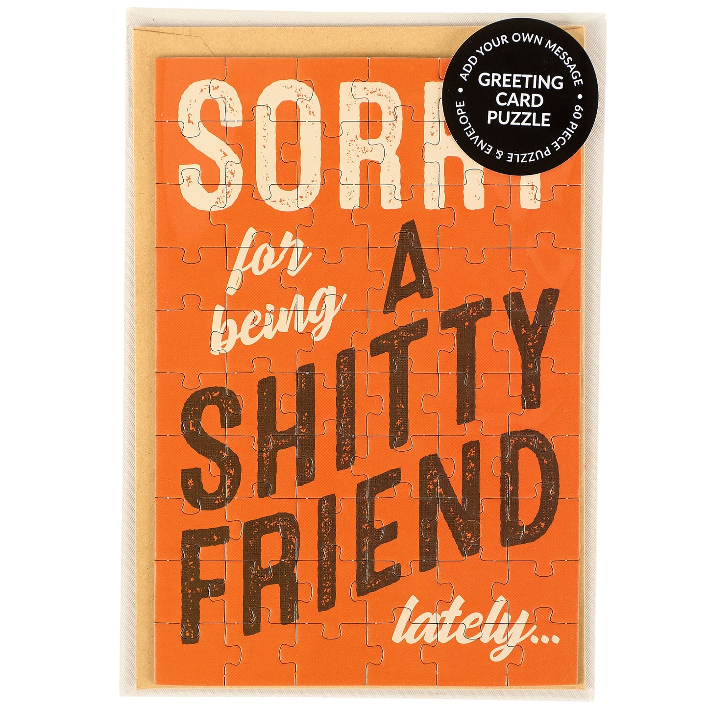 Jigsaw puzzle with humorous text on an orange background