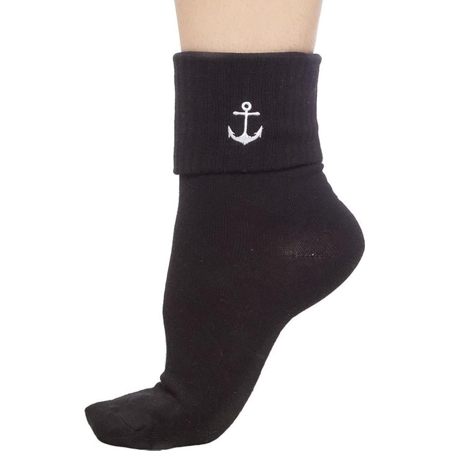 Sourpuss Anchor Socks Set of Two | Nautical Red Striped & Black Ankle Socks Women’s Size 5-10