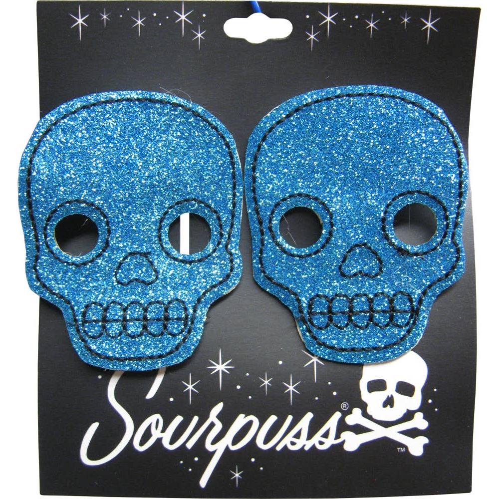 Sourpuss Aqua Blue Glitter Skull Hair Clips in Set of 2 | Gothic Hair Snap Clips