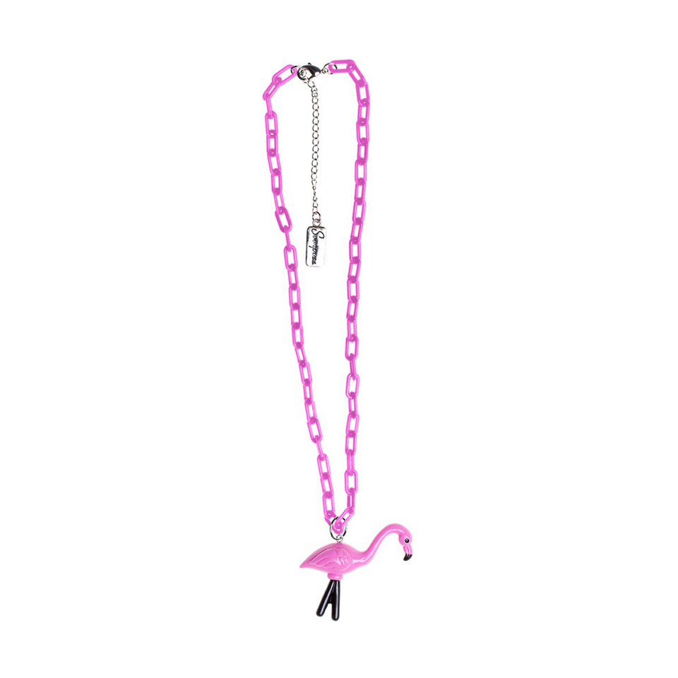 Sourpuss Chunky Flamingo Necklace | Retro Kitsch Pink Yard Ornament Jewelry