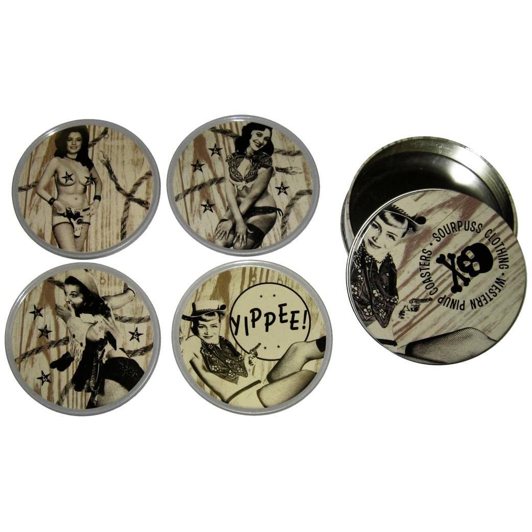 Set of vintage-style coasters with a central design and text, and a metal container