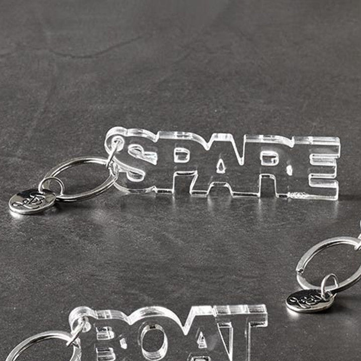 Spare Acrylic Keychain | Clear Word Shaped Key Holder | 3.5"L x 1"H