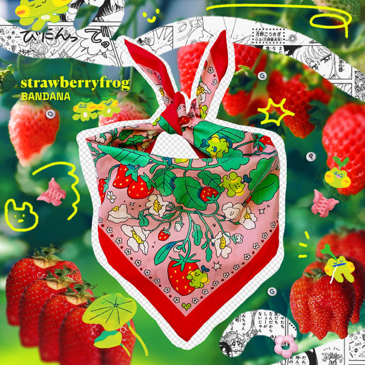 Strawberry Froggy ✿ Bandana | Colorful Headscarf | 22" x 22"