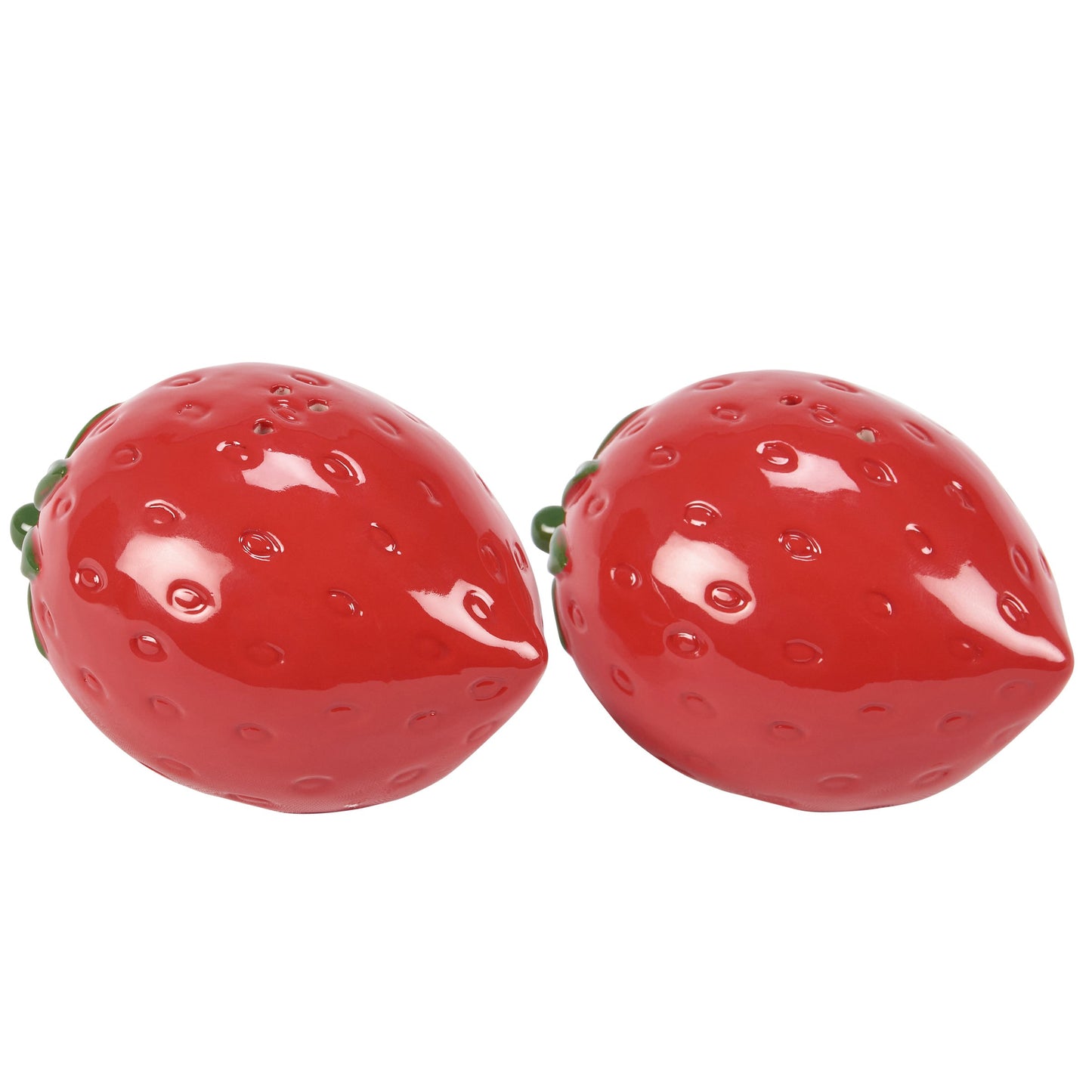 Two red strawberry-shaped salt and pepper shakers on a white background