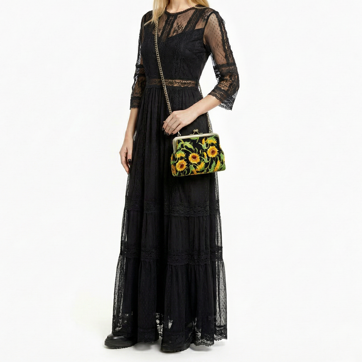 Sunflower Kisslock Bag | Embroidered Vintage Floral Handbag with Detachable Straps