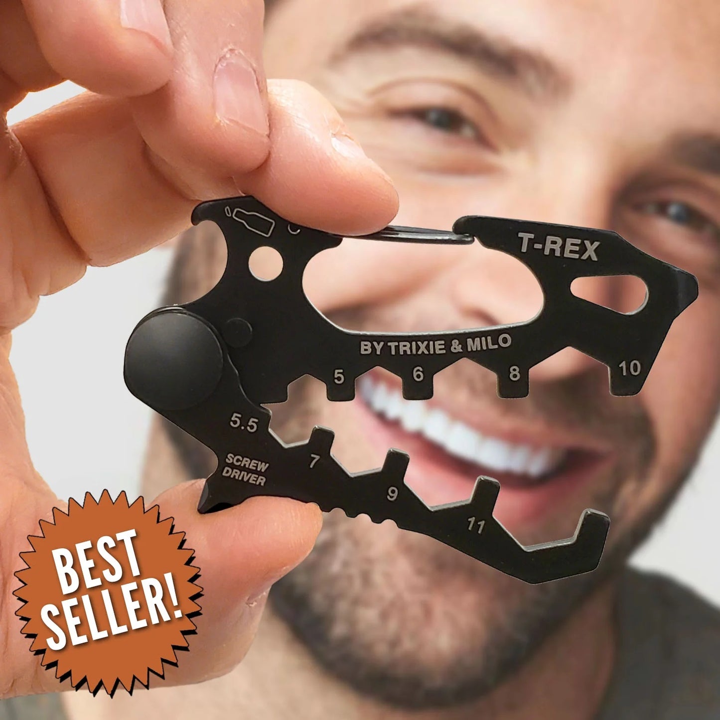 T-Rex Carabiner Multitool | Stainless Steel Dino Shaped Keychain Multitool | 4" x 2.5" | Gift for Men