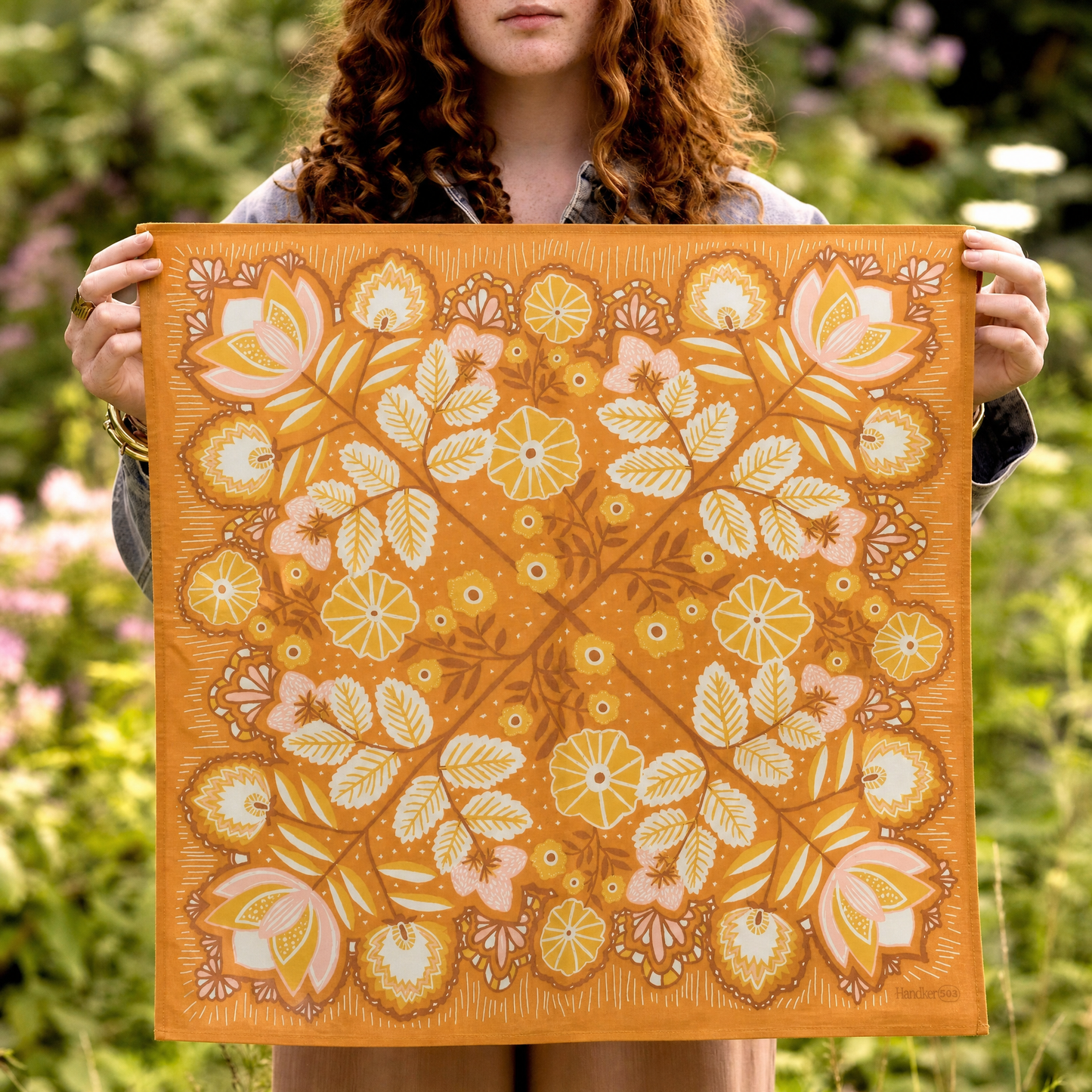 Tawny Bandana in Golden Umber Pink Floral Accent | Handmade in India | Cotton Scarf | 22'' x 22''