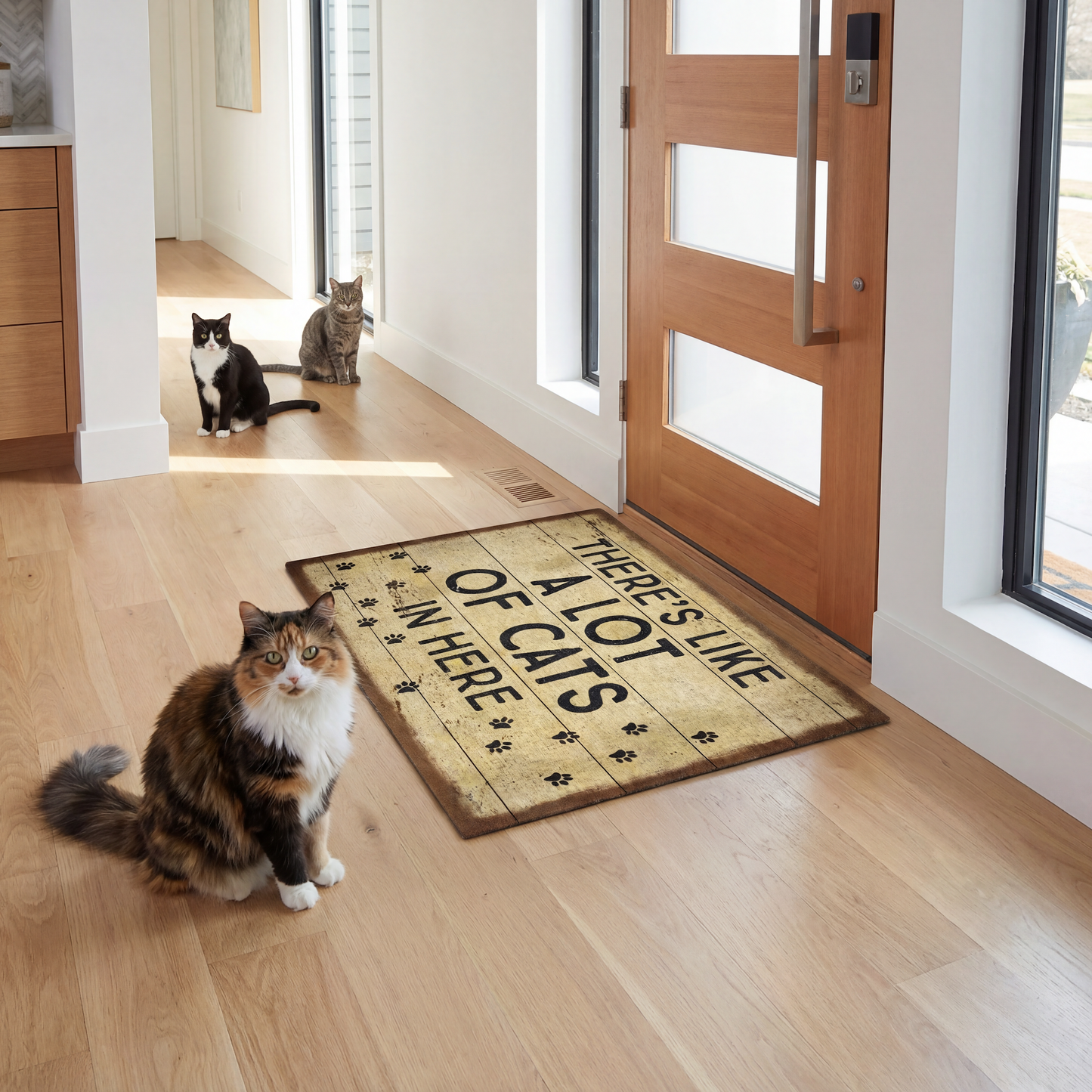 Doormat with text 'There's Like a Lot of Cats in Here' on a wooden floor with cats around.