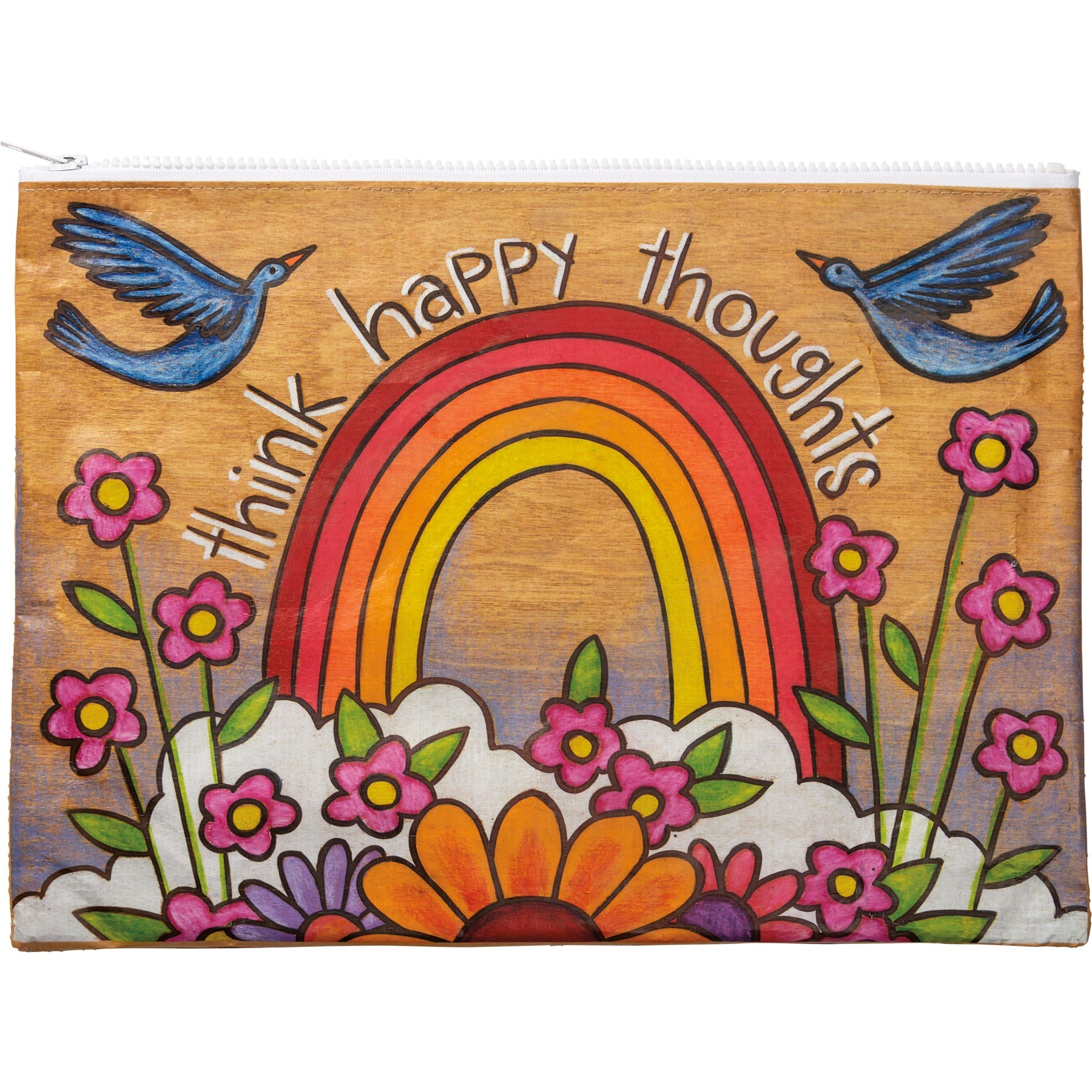 Think Happy Thoughts Zipper Folder in Rainbow and Flowers Design | Organizer Pouch Recycled Material | 14.25" x 10"
