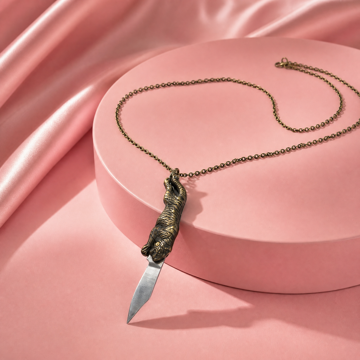Tiger Switchblade Knife Necklace | Vintage Tiger Knife Pendant | 20" Chain