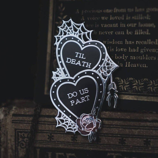 Til Death Do Us Part Pin | Black Heart in Silver Hard Enamel Lapel Pin | 3"