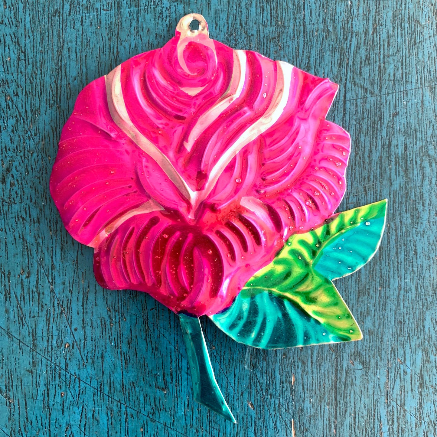 Tin Rose Ornament | Hand Painted in Mexico Metal Flower Hanging Decor