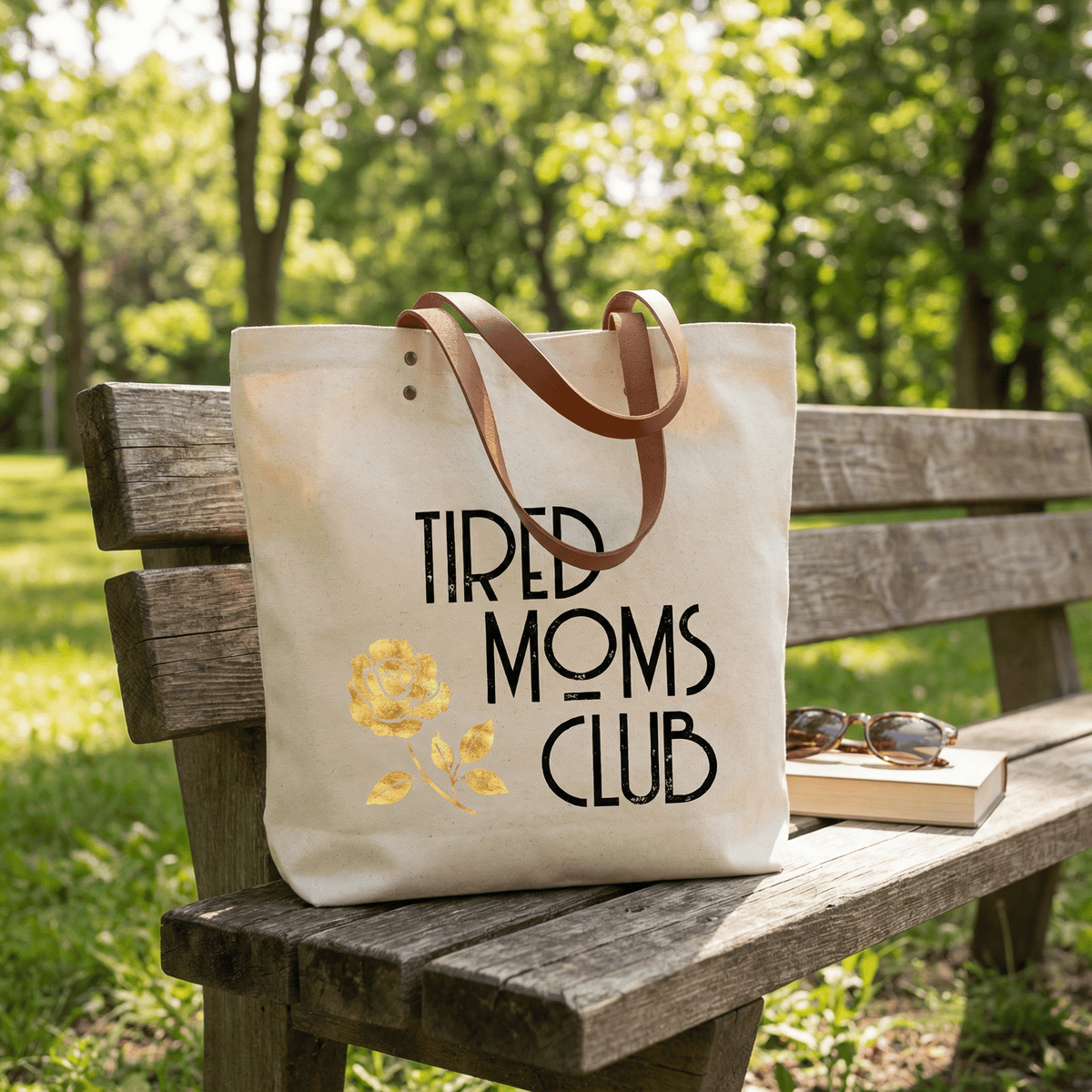 Fun Club Tired Moms Club Canvas Tote Bag | Vegan Leather Handles
