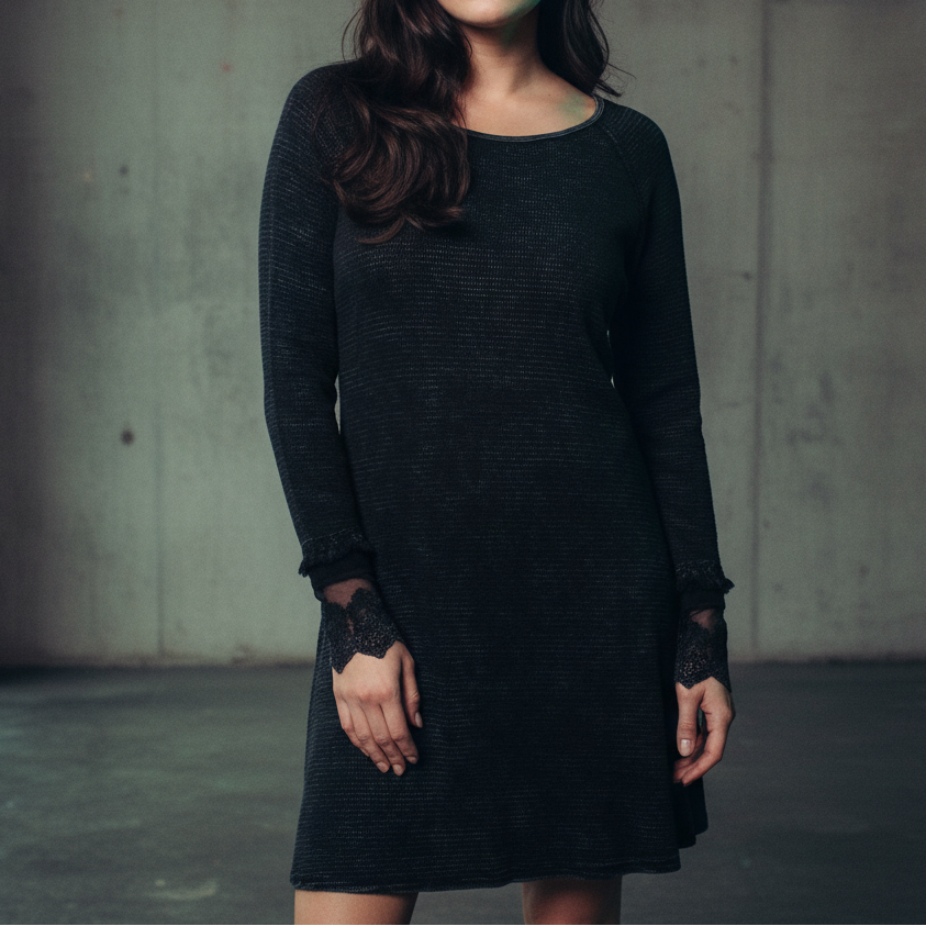 grunge dress Ultimate '90s Princess Grunge Waffle Dress in Black with Lace Mesh Sleeve Detail