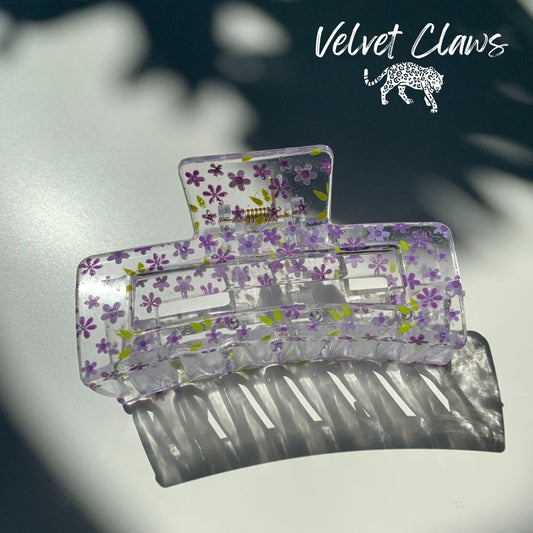 Velvet Claws Hair Clip | The Crystal in Purple Blossoms | Claw Clip in Velvet Travel Bag