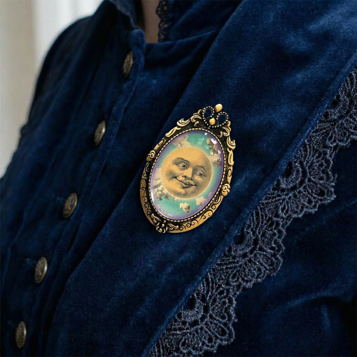 Victorian Happy Moon Brooch | Vintage Man in the Moon Celestial Art Glass Cabochon Pin