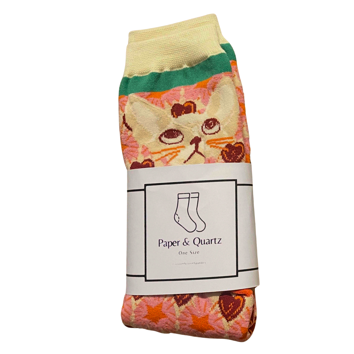 Vintage Cat Face Heart Socks | Pink Women‘s Crew Socks