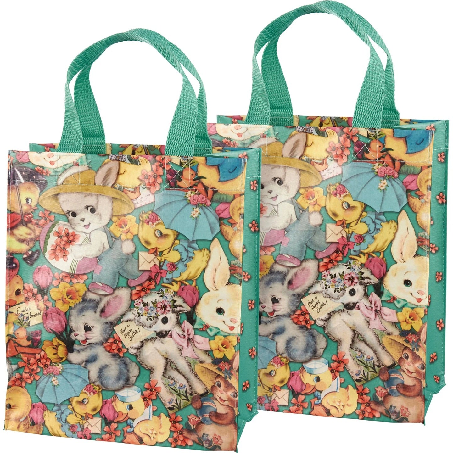 Vintage Easter Daily Tote Bag | Bunnies, Chicks, Lambs Illustrated Lunch Storage Bag | 8.75" x 10.25" x 4.75"