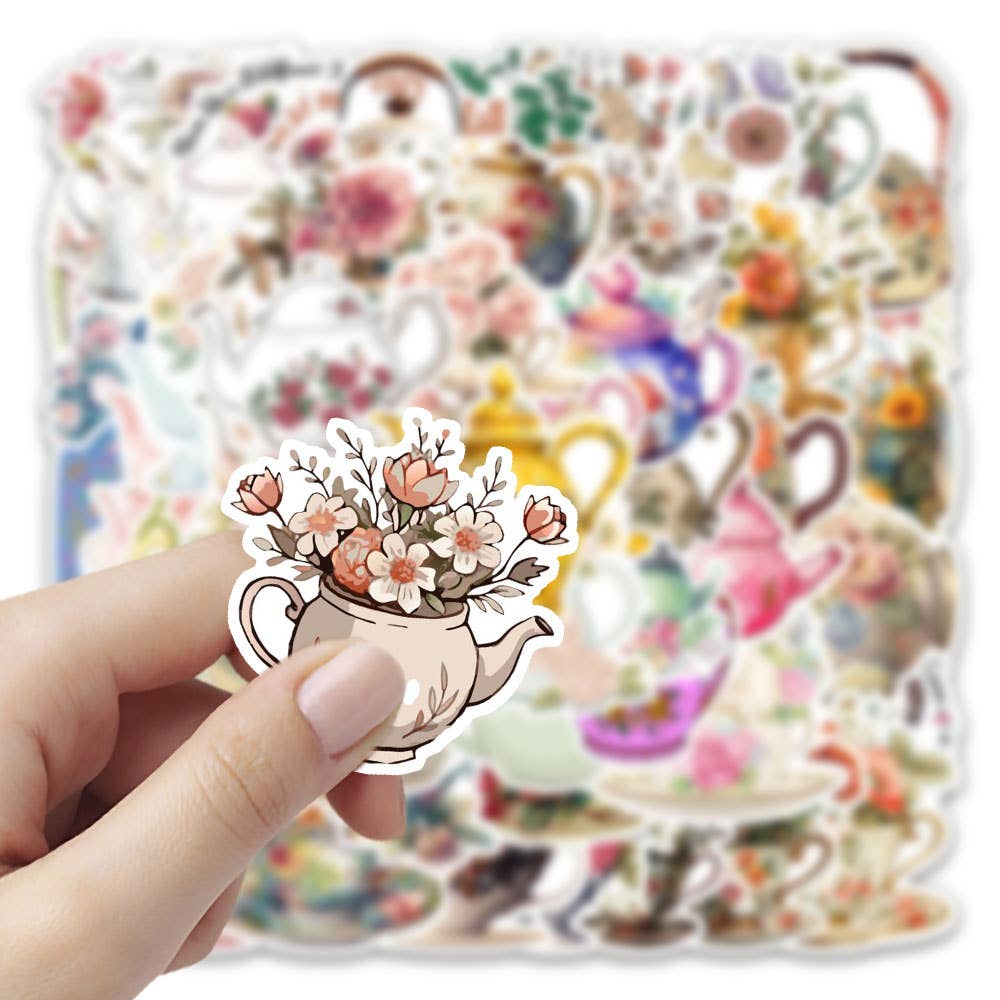Vintage Floral Teapot & Teacup Stickers | 20 Mixed Victorian Style Decorative Scrapbook Stickers