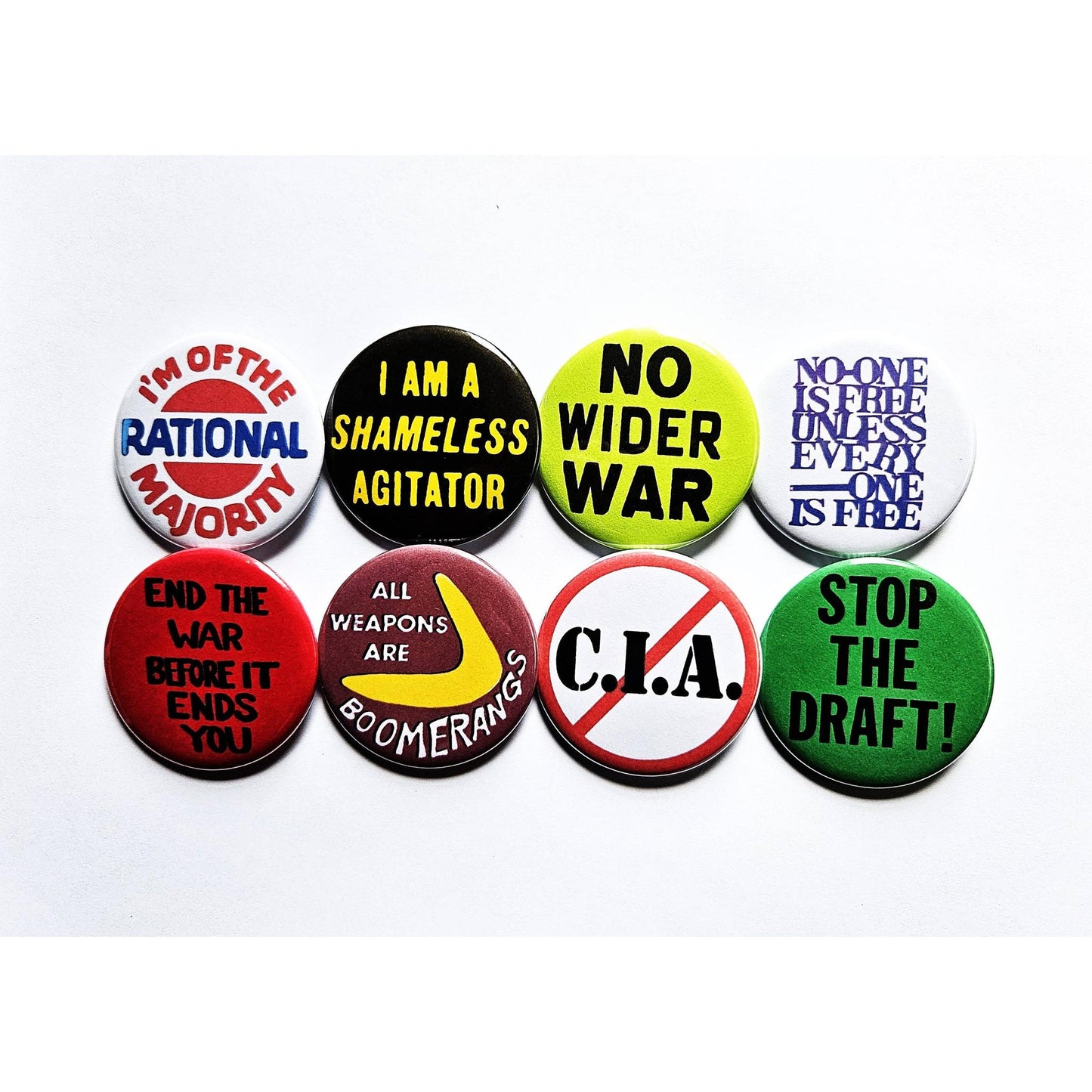 Vintage Reproduction All Weapons are Boomerangs Political Small Pinback Button | 1.25" Diameter '60 '70s '80s Retro Pin