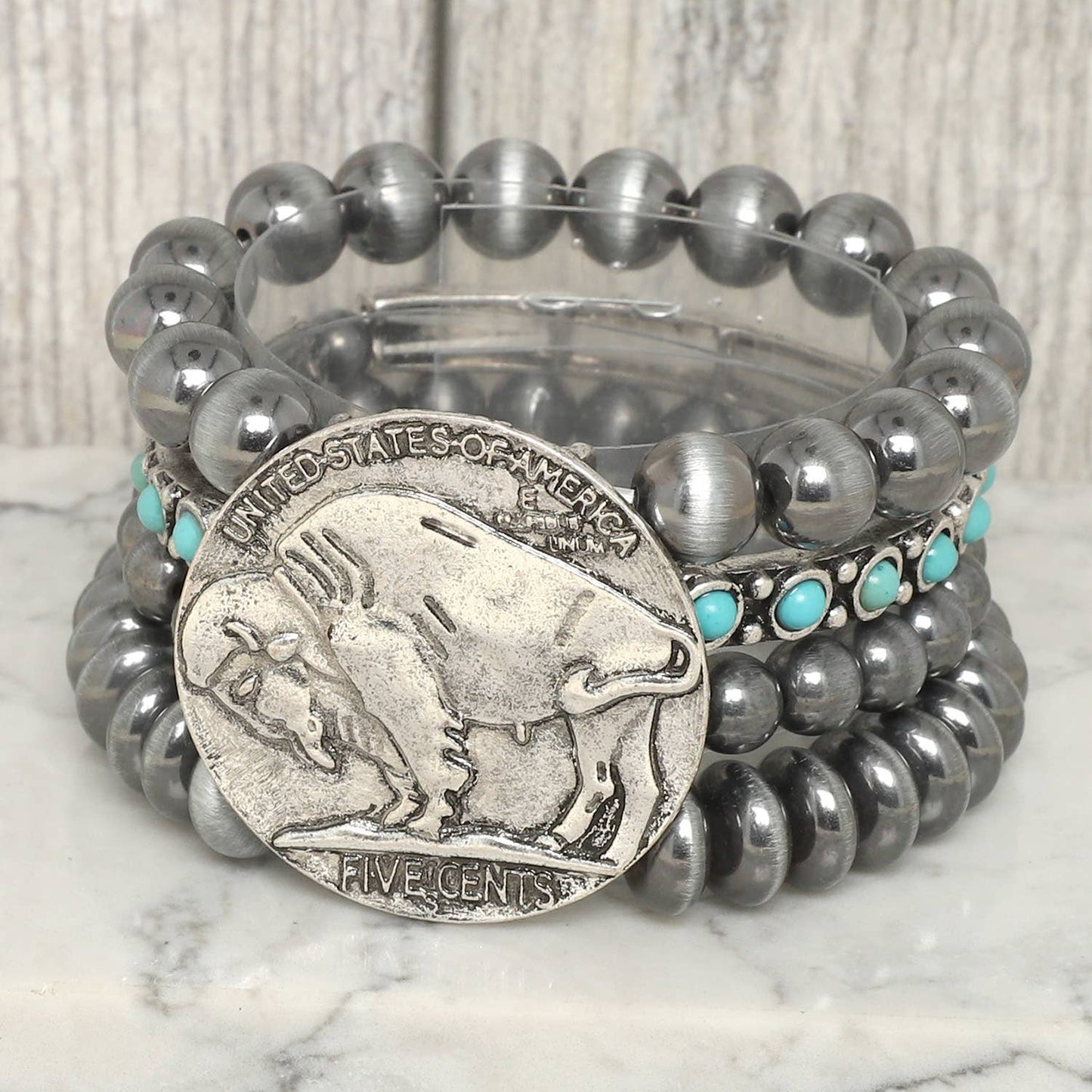 Vintage Style Buffalo Coin Pearl Bead Bracelet | Cowgirl Western Boho Bison Coin Beaded Stacked Stretch Bracelet