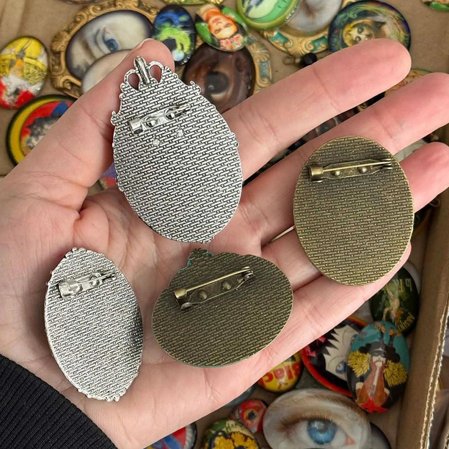 Antique Zombie Woman Brooch | Vintage Halloween Art Glass Cabochon in Antiqued Silver Tone