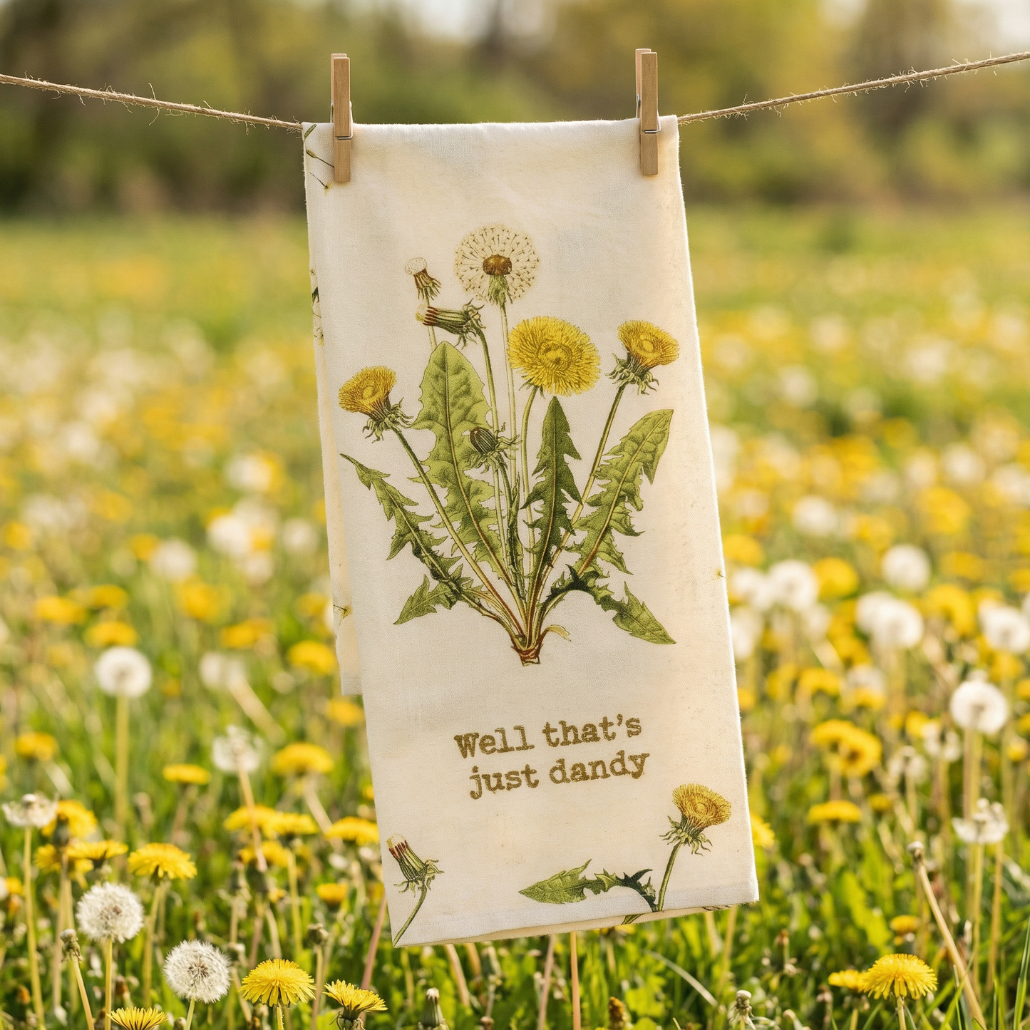 Well That's Just Dandy Punny Dandelion Dish Cloth Towel | Cotton Linen Novelty Tea Towel | Cute Kitchen Hand Towel | 18" x 28"
