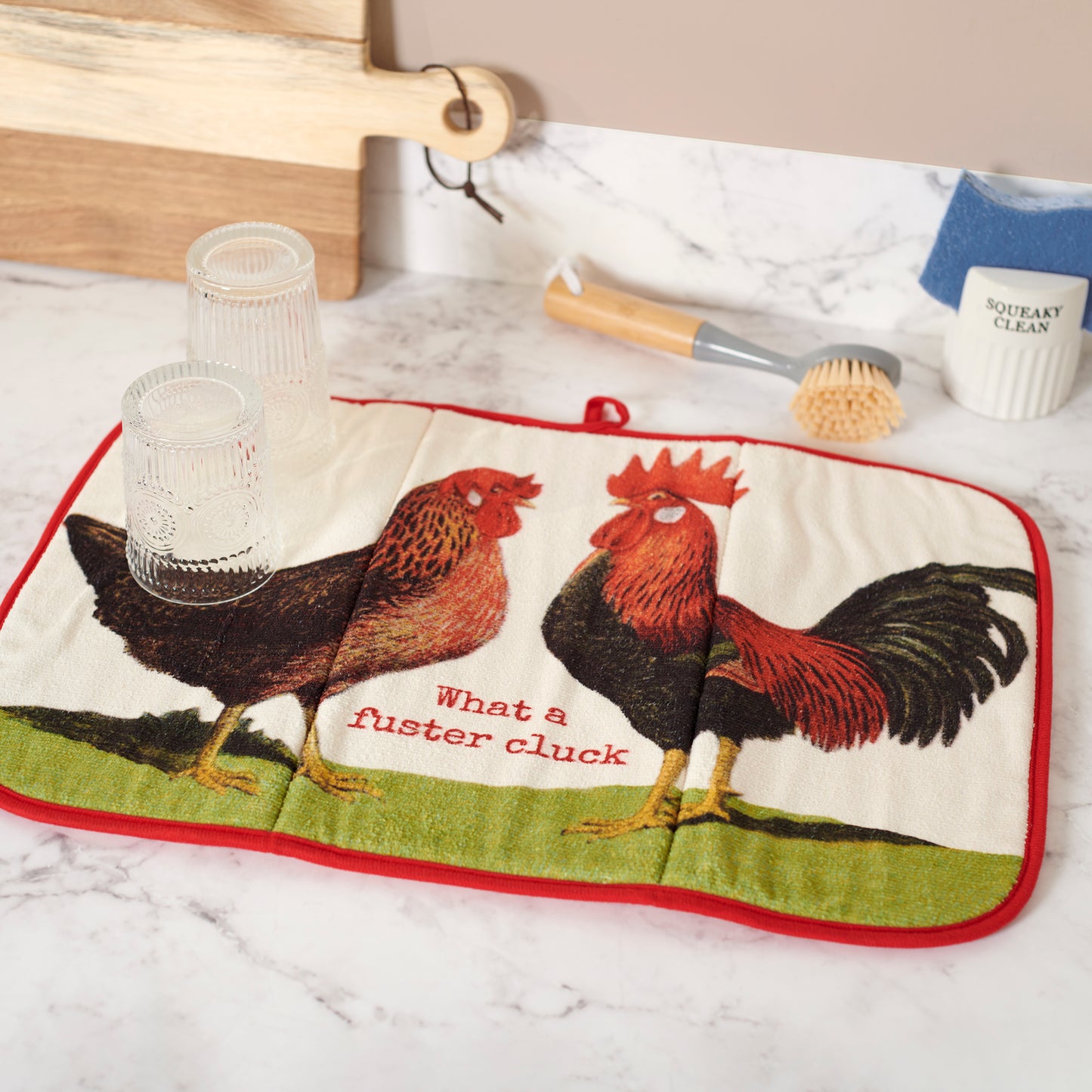 What A Fuster Cluck Ultra-absorbent Drying Mat | Hen Rooster Dish Drainer Pad | 21" x 14"