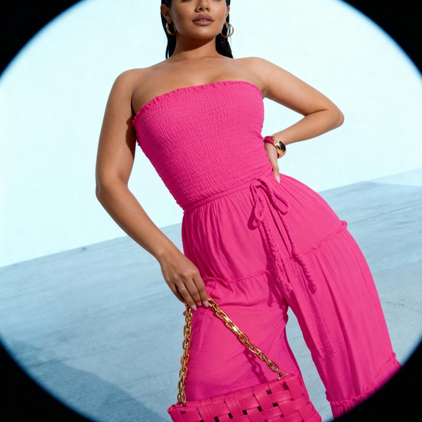 Wide Leg Strapless Jumpsuit With Waist Tie in Fuchsia or Mango