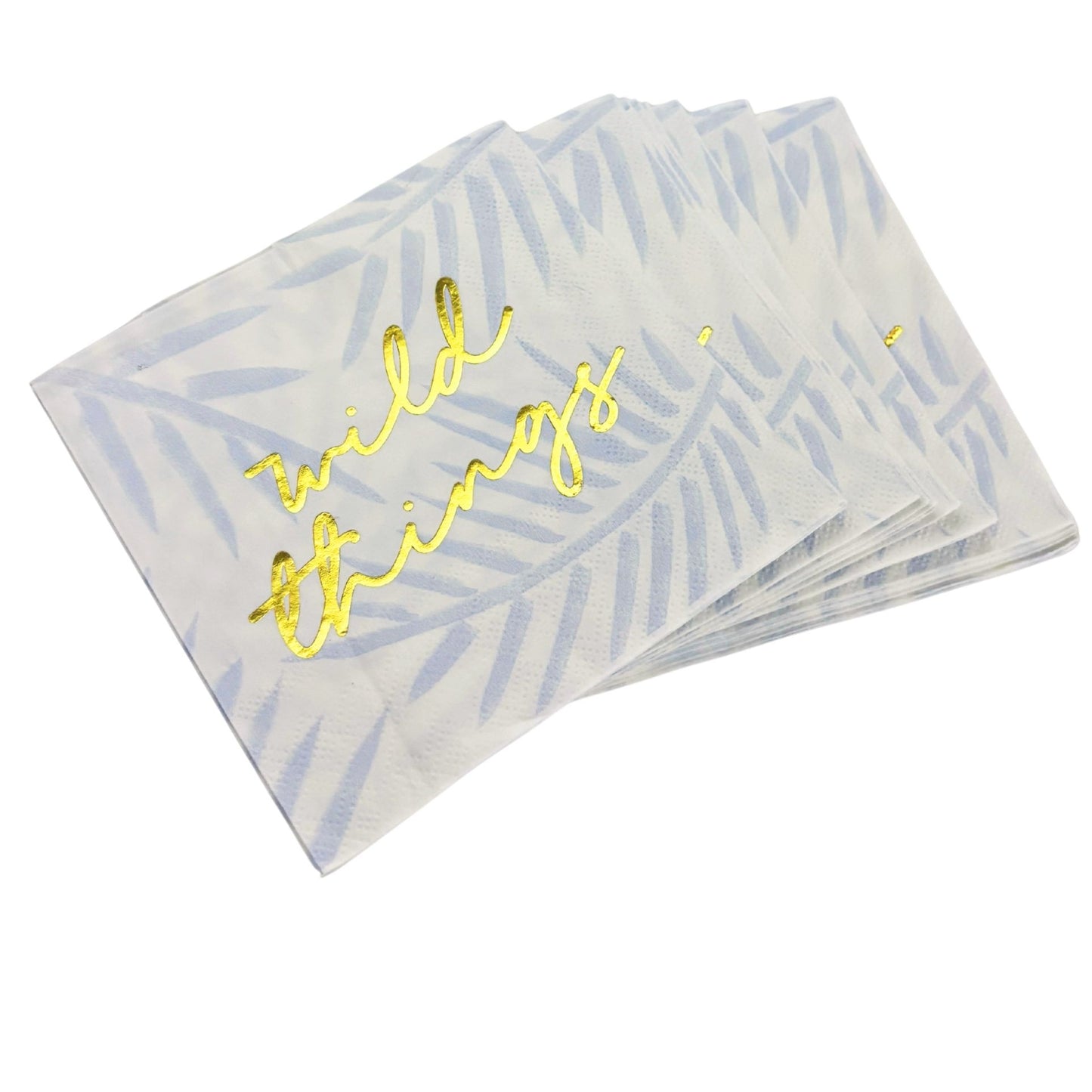 Wild Things Foil Beverage Napkin in White and Blue Leaf Pattern | Cocktail Party Paper Napkin | 5" x 5"