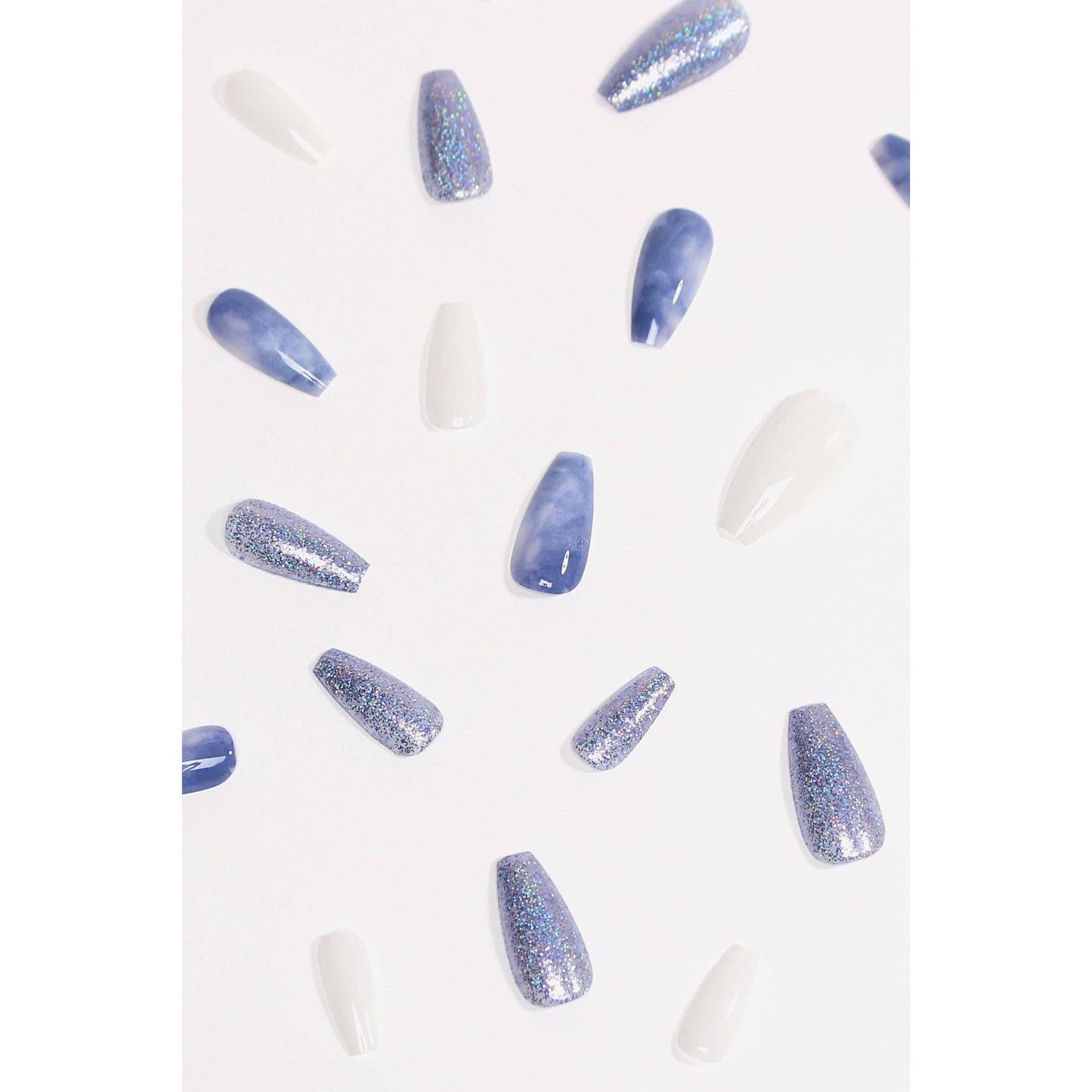 Wonderland Press-On Nails | White & Blue Marble with Glitter | Non-Toxic & Reusable