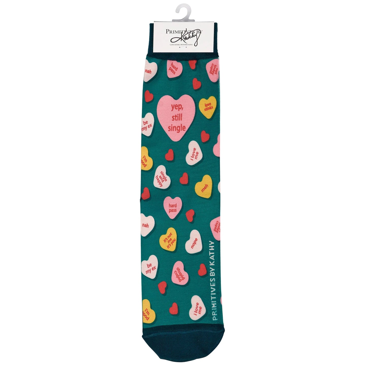 Yep, Still Single Crew Socks | Multicolor Candy Hearts Design Novelty Socks