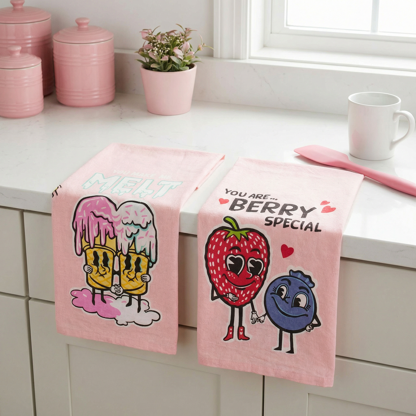 You Make Me Melt Kitchen Towel | Pink Ice Cream Cotton Dish Towel | 28” x 28”